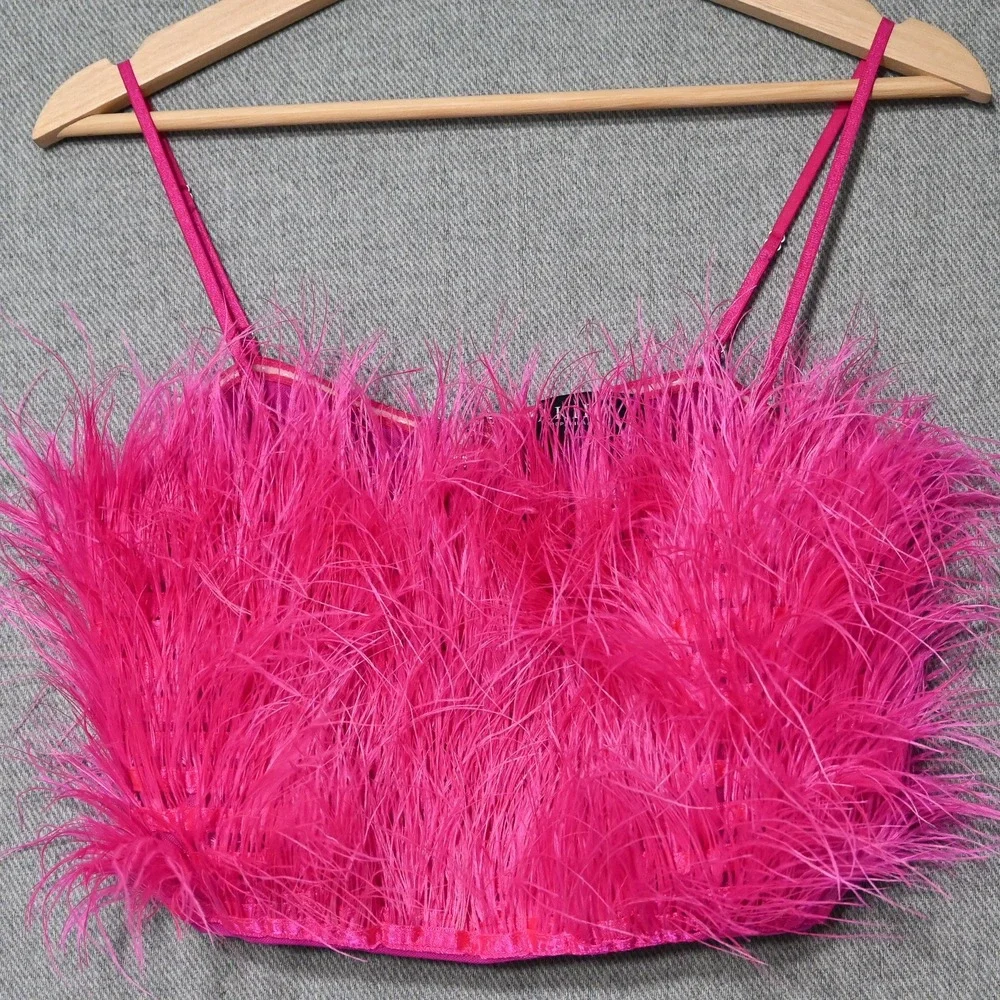 Akira Feather Crop Top Womens XL Hot Pink Ostrich Trim China